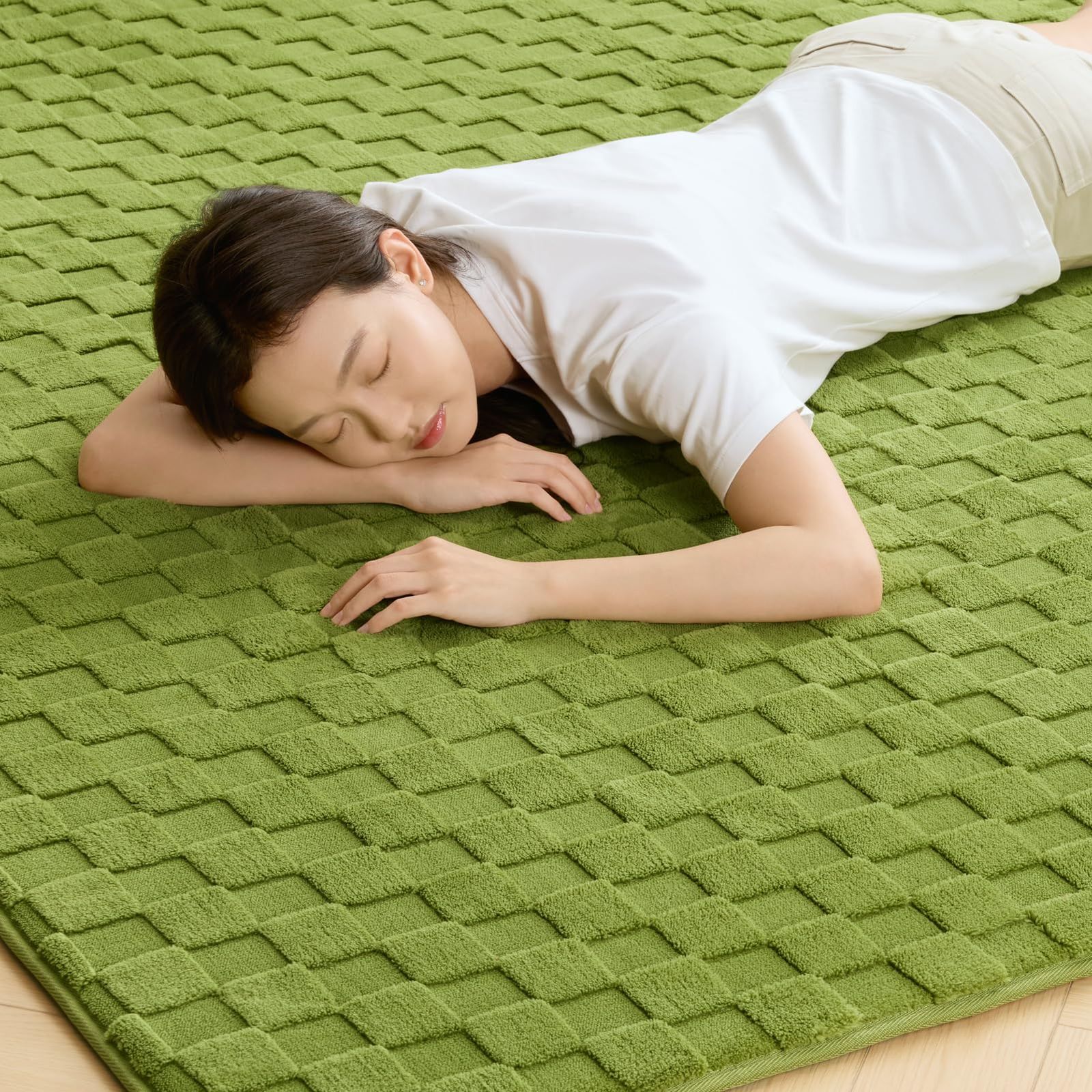 Ashler ラグ カーペット 厚20mm 厚手 130×190cm 約1.5畳 防音 防ダニ 抗菌 低ホルム ふわっと手触り もちもち 滑り止め ホットカーペット対応 冬用 おしゃれ こたつ敷きマット グリーン