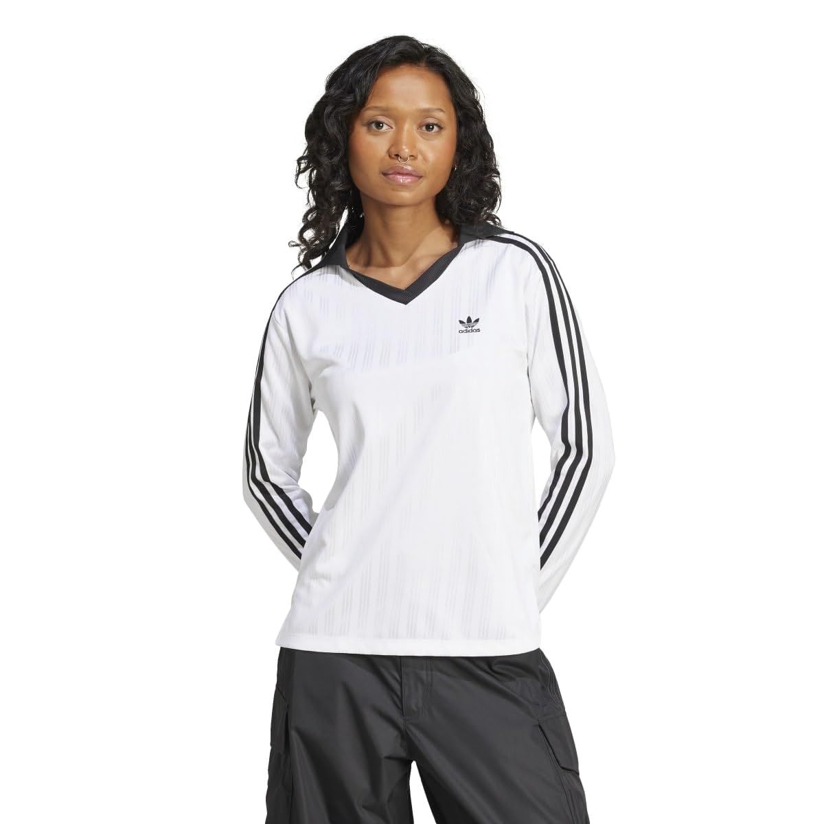 アディダス オリジナルス アディカラー フットボール ジャカード Vネック 長袖ポロシャツ ホワイト J|L ホワイト L