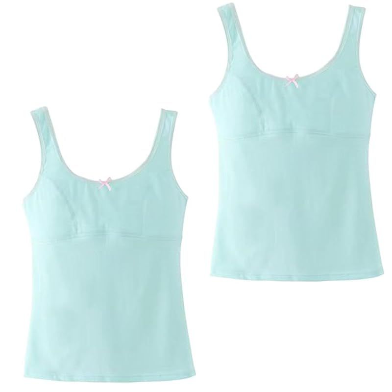 [MUUZU] ジュニアブラ インナー キャミソール 全10パターン [ 女の子 下着 ストレッチ 綿 透けにくい カップ付き 胸二重 ] (JP, アルファベット, S, グリーン2点セット)