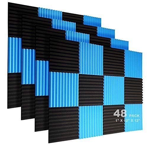 30*30*2.5cm 48枚_ブラック＆ブルー 吸音材 防音シート 2.5*30*30cm 防音 遮音 防音材 壁に貼る 消音 騷音 吸音パネル 吸音対策 樂器 室?裝飾 ウレタンフォーム ウェッジ 12枚入 30*30*2.5cm 48枚 ブラック＆ブル