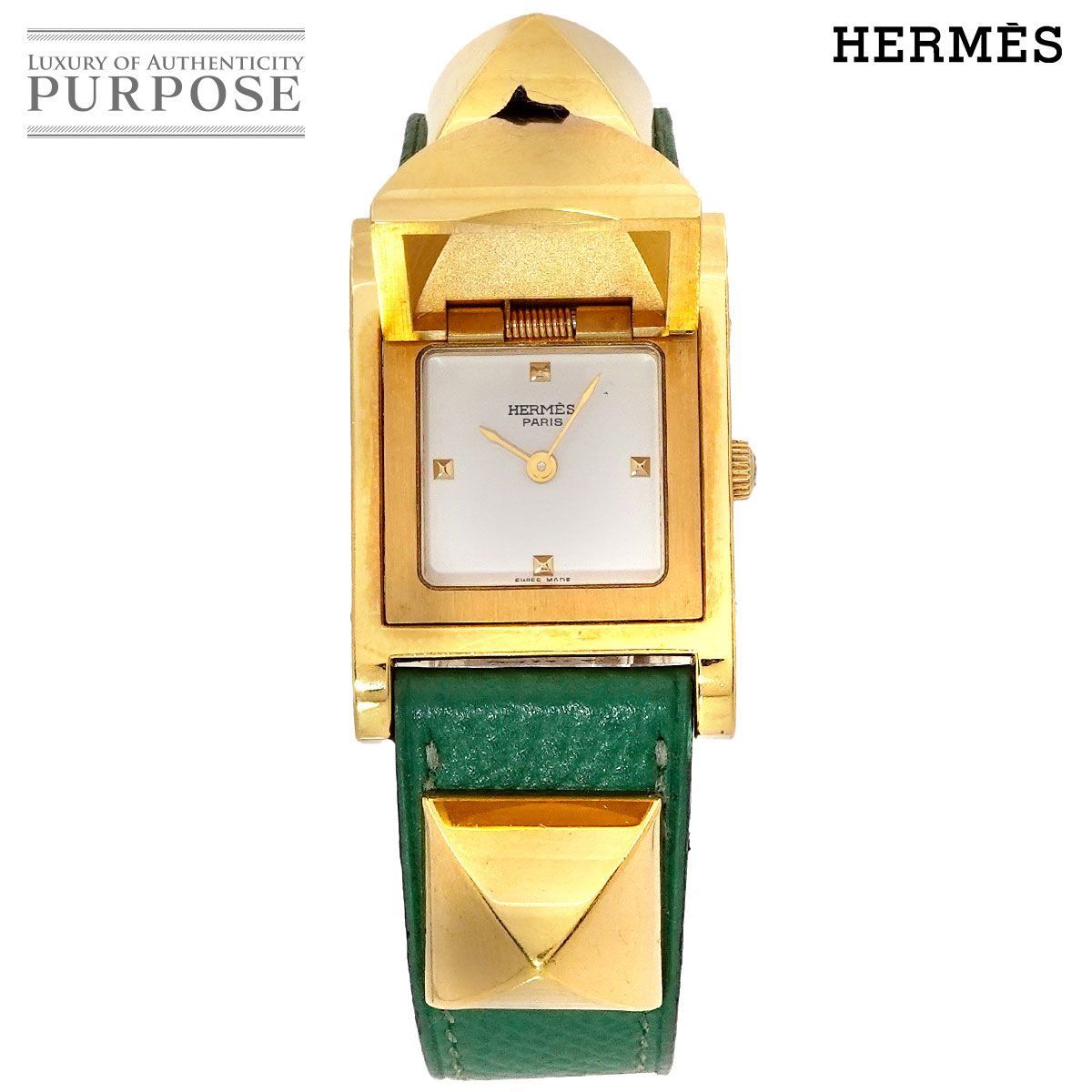エルメス HERMES メドール ヴィンテージ レディース 腕時計 ピラミッド ゴールド スタッズ ホワイト グリーン クォーツ Medor 90275130