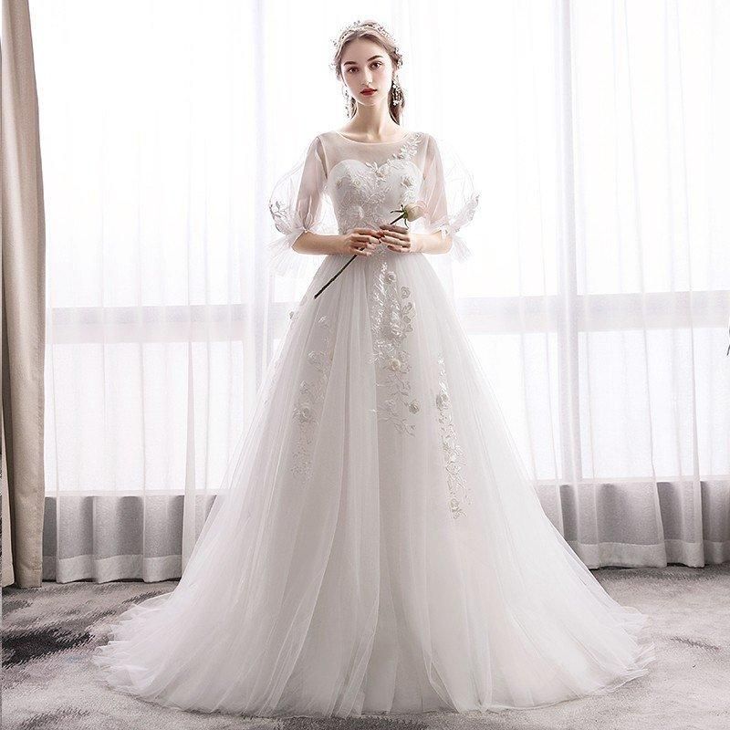 ウエディングドレス aライン 白 袖あり ウェディングドレス 花嫁 結婚式 パーティードレス 二次会ドレス ブライダル ロングドレス イ