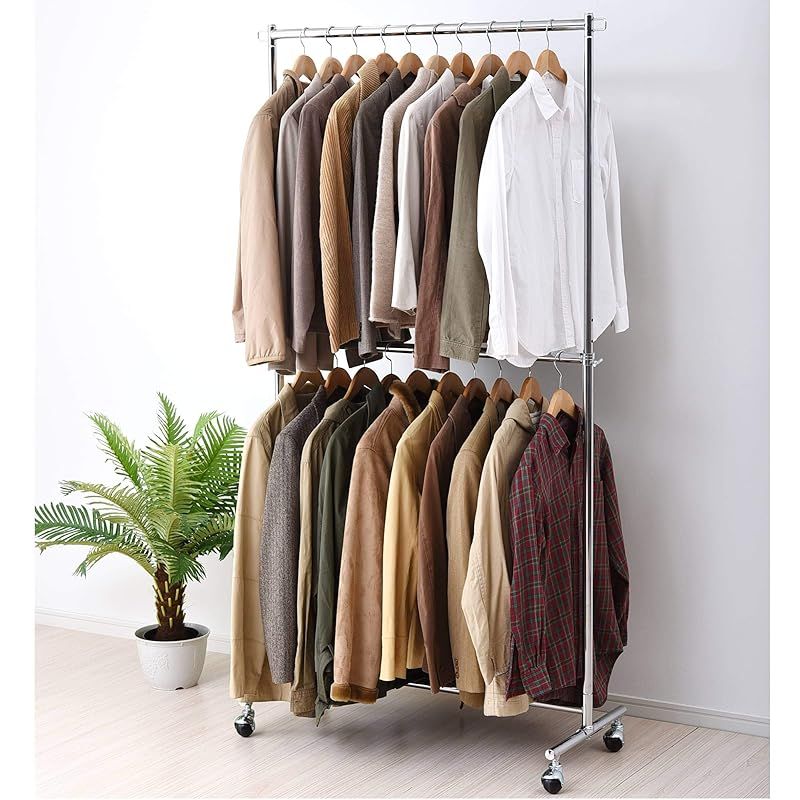 山善 YAMAZEN ハンガーラック 頑丈 耐荷重120kg 2段 高さ伸縮 キャスター付き 組立品 幅96×奥行40.5×高さ129.5|169.5-189.5cm クロム YIH-2S CH 1