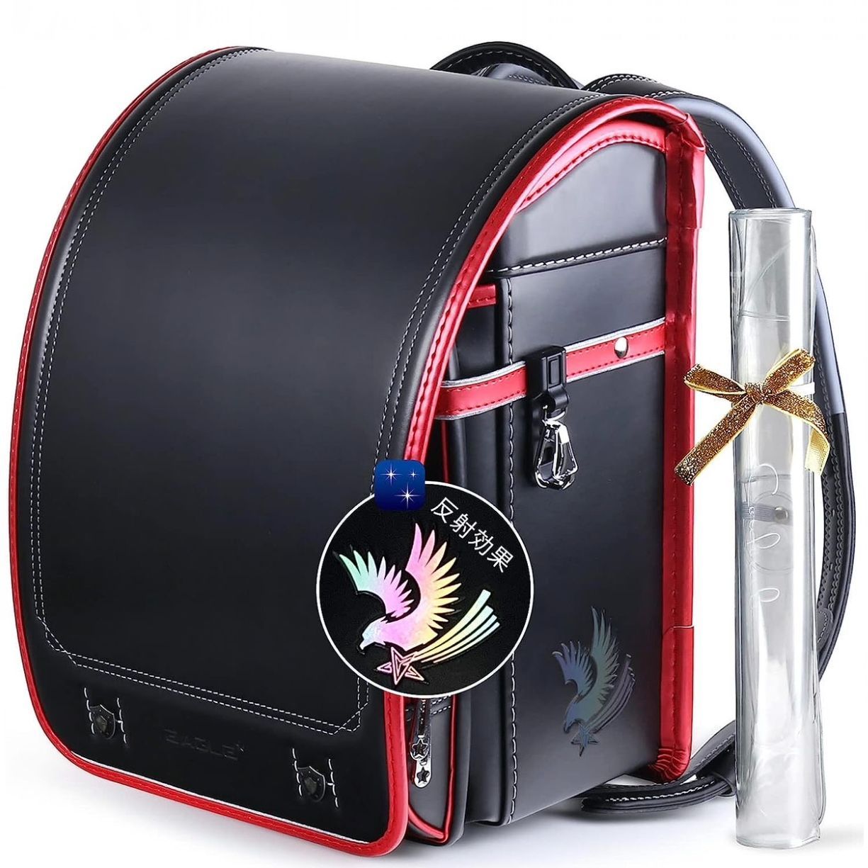 新作　ランドセル　6年保証　おまけ付　イーグルモチーフ　男の子　ブラック×レッド : ランドセル 6年保証 おまけ付き イーグルモチーフ