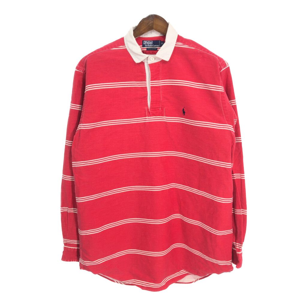 90年代 Polo by Ralph Lauren ポロ ラルフローレン 長袖ポロシャツ ラガーシャツ ボーダー レッド (メンズ XL) 中古 古着 R1762