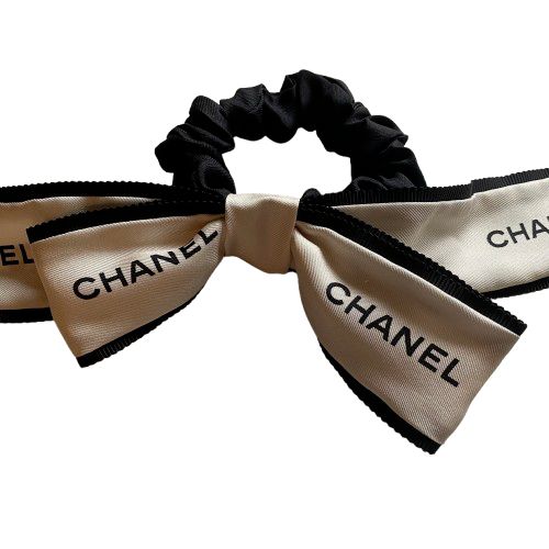 CHANEL リボン付きヘアゴム ベージュ ブラック シュシュ 10194
