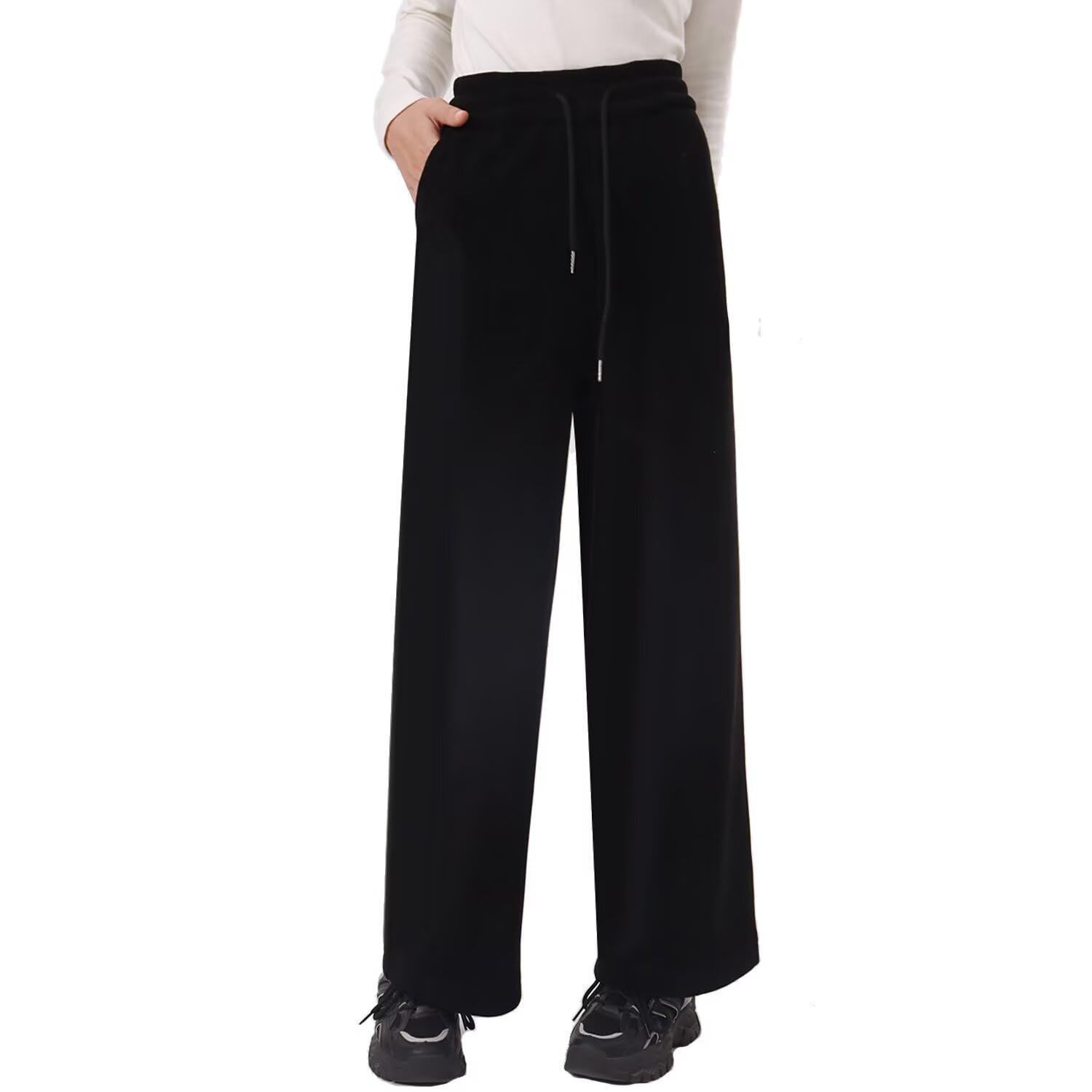 Color ブラック_Size M GAUASUIM ストレートパンツレディース 薄手 裏起毛 2タイプ ワイドパンツ 長ズボンゆったり無地 春秋夏冬 大きいサイズ S～4XL
