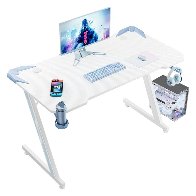 Victone ゲーミングデスク「メーカー2年」幅112cm*奥行60cm*高さ74.4cm パソコンデスク Z字脚 PCデスク ゲームデスク オフィスデスク 作業机 炭素繊維天板 カップホルダーとヘッドフォンフック付き