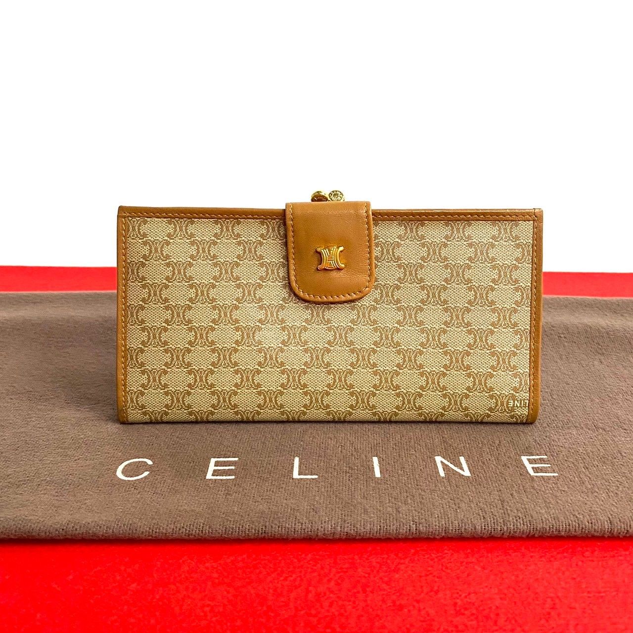 極 美品 CELINE セリーヌ ヴィンテージ マカダム ブラゾン トリオンフ 柄 レザー がま口 二つ折り 長財布 ウォレット ベージュ 12291  - メルカリ