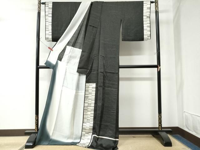 平和屋着物○訪問着 作家物 吉祥文 黒地 銀通し地 背抜き仕立て 正絹