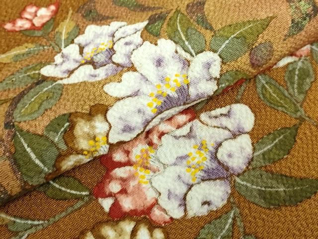 平和屋着物□極上 九寸名古屋帯 手描き 枝花文 鬼しぼ縮緬 逸品