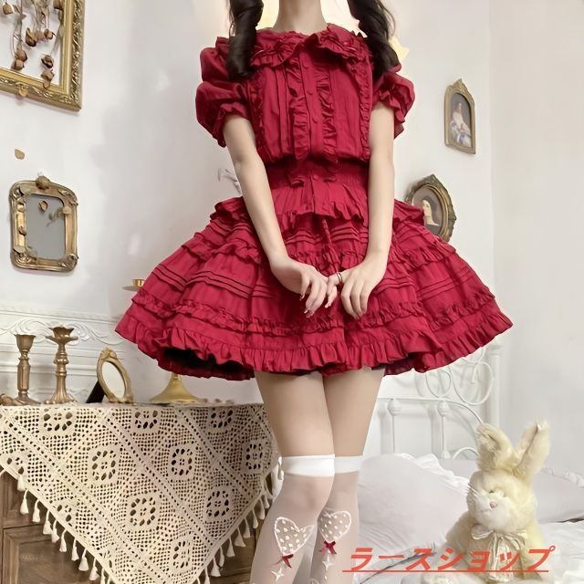 オリジナルデザイン ロリータドレスです ティファニー風 朝食風洋装セットアップ レディース 秋冬用 上品レトロ 3点セット 長袖シャツ ＋ フリルスカート 姫袖デザイン ホワイト アンティーク風 ガーリー 推し活 撮影会 イベント用