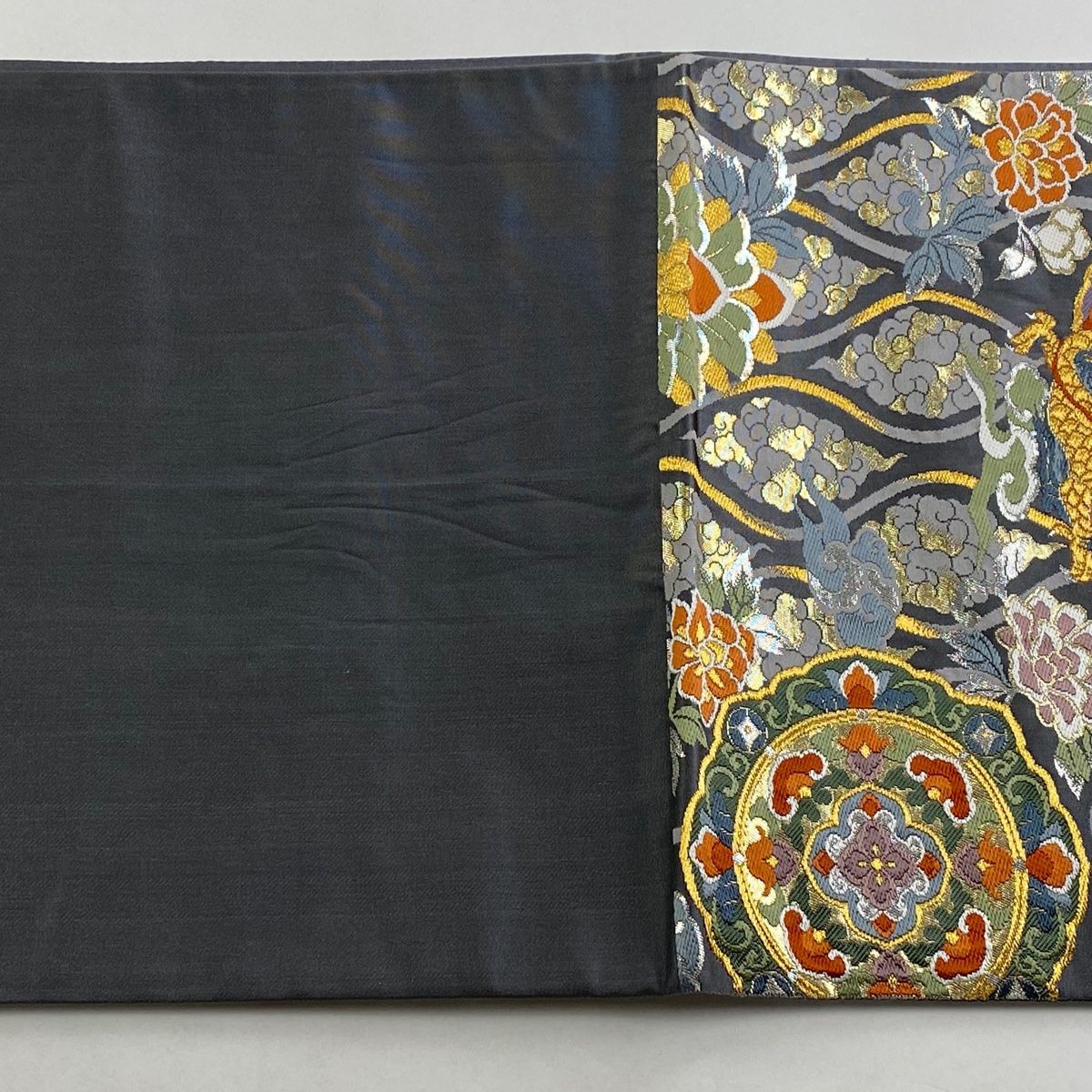 袋帯 美品 秀品 花鳥 立涌 金糸 箔 灰色 六通 正絹 【中古