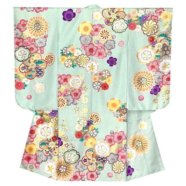七五三 着物 7歳 コーディネートセット 上質合繊 7歳 四つ身の着物と結び帯 フルセット 薄黄緑 ねじり梅 TSRKsz-Ci25-943MDM