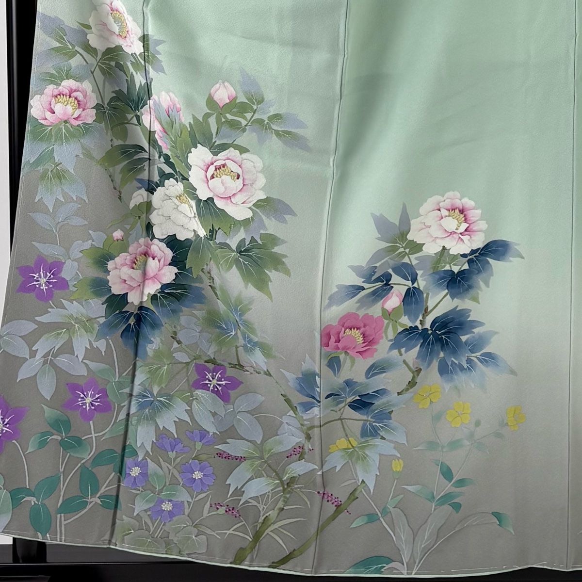 バイセル 着物 美品 名品 袋帯 緑 二代目清次郎 牡丹 草花 ぼかし 箔 お太鼓柄 正絹 ☆☆☆☆ 小紋 身丈158cm 裄丈63.5cm S 袷 二代目清次郎 落款あり 桜 はなびら