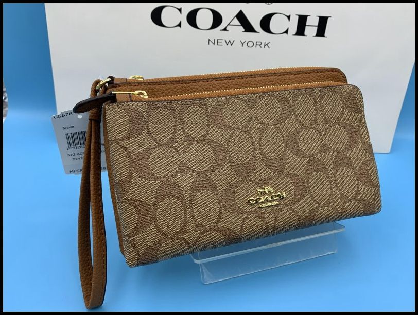 COACH 長財布 コーチ 財布 レディース ストラップ リストレット コーテッドキャンバス ダブルジップ L字ファスナー  シグネチャー PVC レザー ウォレットファッション 新品 未使用 C5576 C354-X1