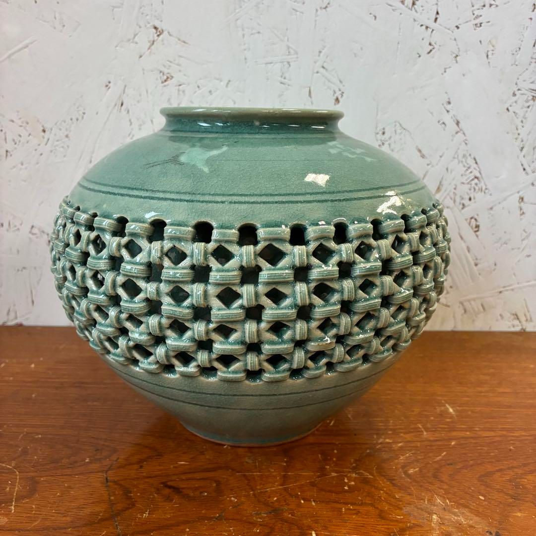骨董品 東山 海光 壺 網目透かし 耳付 大花瓶青磁 花瓶 花器 【公式通販】