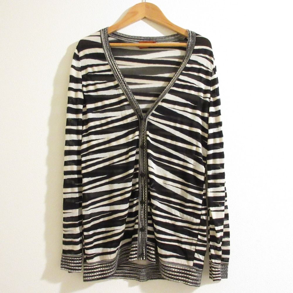 美品 MISSONI ミッソーニ 総柄 カシミヤ シルクブレンド ニットカーディガン 42 ブラック ホワイト レディース 古着 中古 美品 MISSONI ミッソーニ 総柄 カシミヤ シルクブレンド ニット