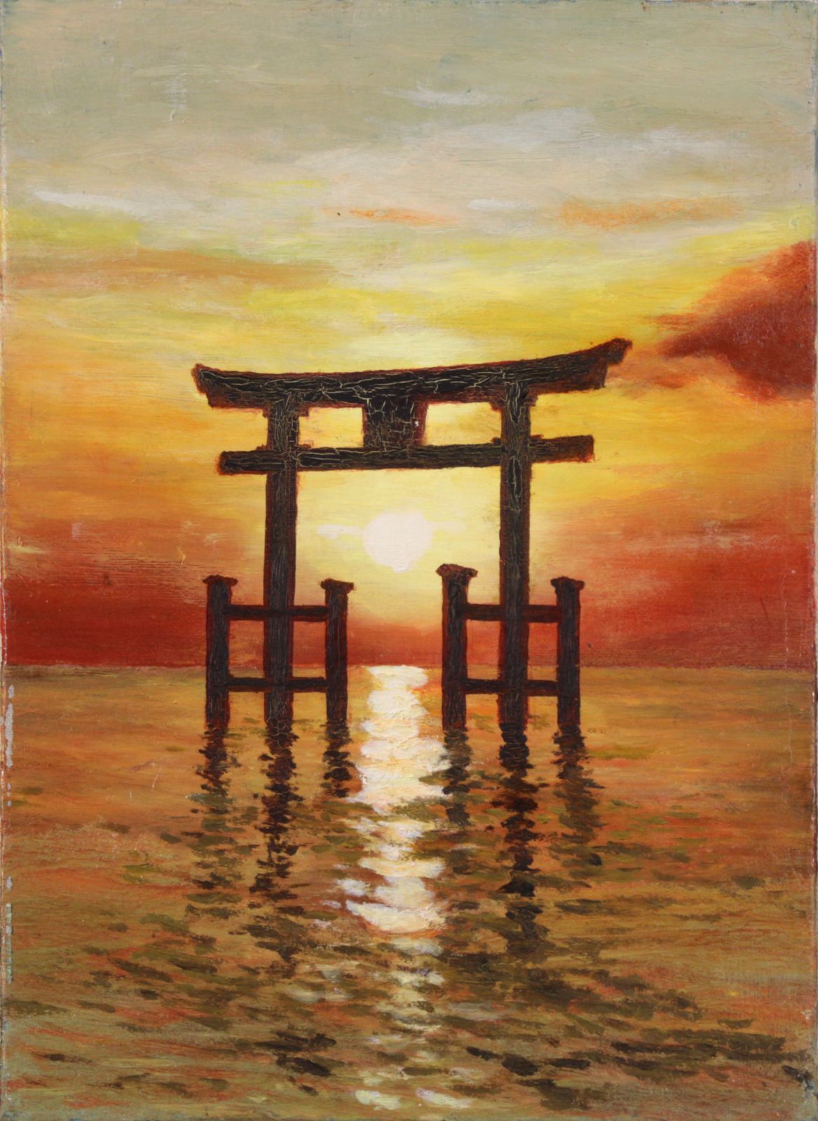 小林 功『白髭神社鳥居の日の出（琵琶湖）』油彩画【真作保証】 絵画 小林 功『白髭神社鳥居の日の出（琵琶湖）』油彩画【真作保証