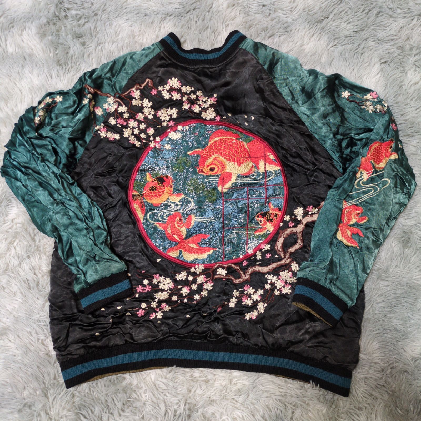 花旅楽団 XL 桜金魚鉢柄 刺繍 リバーシブル 和柄スカジャン ユニセックス オーバーサイズ 大きいサイズ アウター サテン LL