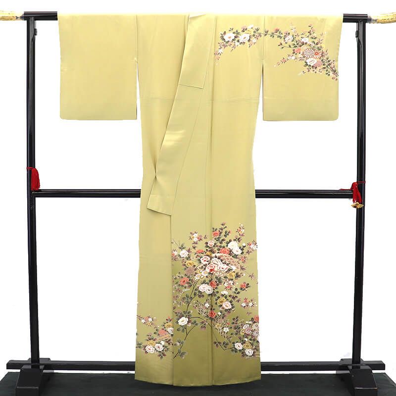 訪問着 袷 レディース 正絹 黄ベージュ 花柄 身丈164.5cm 裄丈65cm 式典 入学式 卒業式 七五三 Mサイズ相当