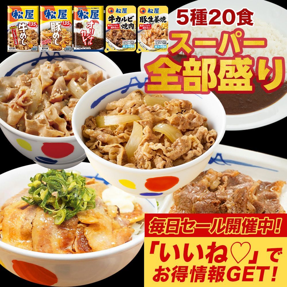 松屋　牛めし/豚めし/カレー/カルビ焼肉/豚生姜焼 スーパー全部盛り20食セット