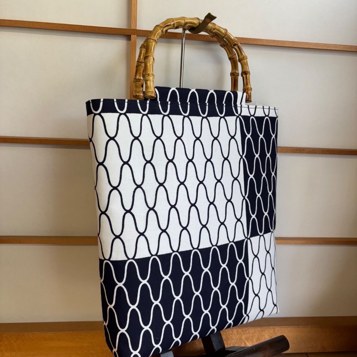 紺✖️白 バンブー手提げ