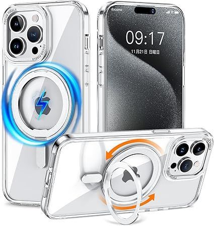 【在庫処分】KMAMBNG iPhone 14 Pro Max 用 ケース 縦横両対応 リング 【多機能360度回転スタンド】MagSafe対応 ワイヤレス充電対応 半透明マット スマホケース 米軍規格 耐衝撃 カメラレンズ保護 車
