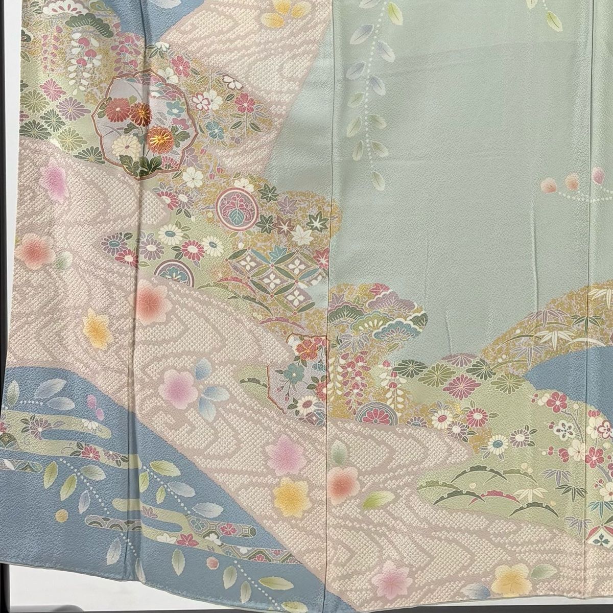 訪問着 身丈156cm 裄丈62cm S 袷 草花 流水 金彩 金糸 水色 正絹 名品