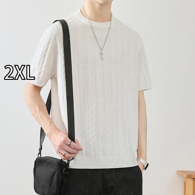 [2XL]春 コーデ メンズ 用 服 シンプル ファッション オシャレ 大人 かっこいい 紳士服 半袖 通気性 ニット シャツ ラウンドネック 無地 夏  カジュアル 通勤スタイル 重ね着コーデ ゆったりシ