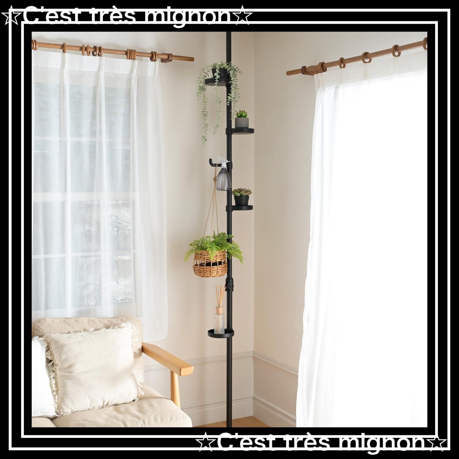 室内 組立品 ボタニカル フラワースタンド 幅30×奥行30×高さ190-260cm 実用新案取得済 マットブラック ワンタッチ突っ張り トレー4個 フック1個付き 設置簡単 プランタースタンド WJE-12RM MBK ポールハンガー