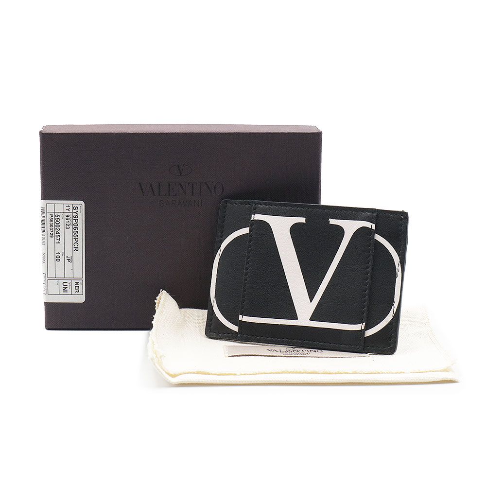 VALENTINO ブラックレザー カードケース　ヴァレンティノ　カードケース ヴァレンティノ Vロゴ カードケース 定期入れ パスケース カーフ
