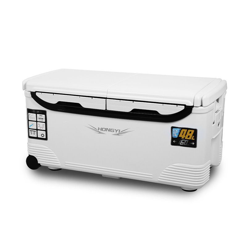 釣り用クーラーボックス 大容量48L 大型 座れる頑丈マッスルボディ 防水 サイドハンドル キャスター付 釣り 保冷力48h 水栓付き 白-黒