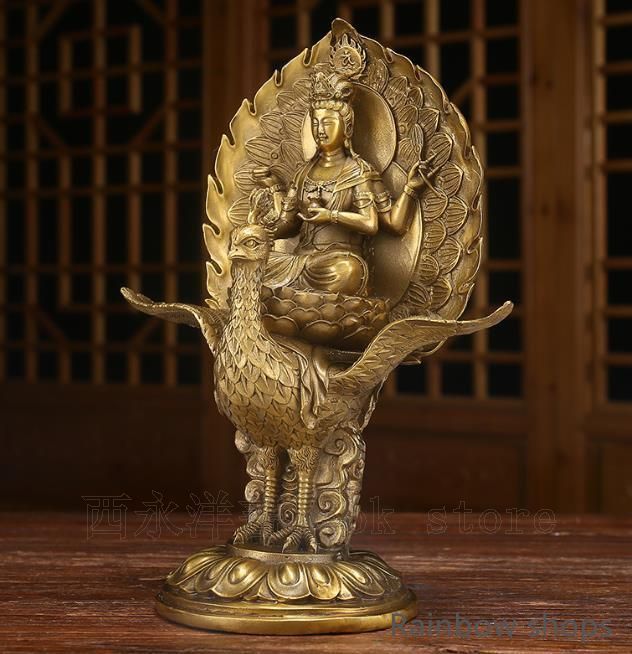 孔雀明王仏像 工芸品 美術品 置物 仏教美術・仏像】檜木製 孔雀明王 置物 木彫り細密彫刻 総高さ