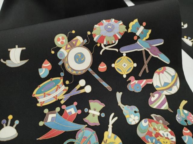 平和屋着物○塩瀬 九寸名古屋帯 玩具文 黒地 金彩 正絹 逸品