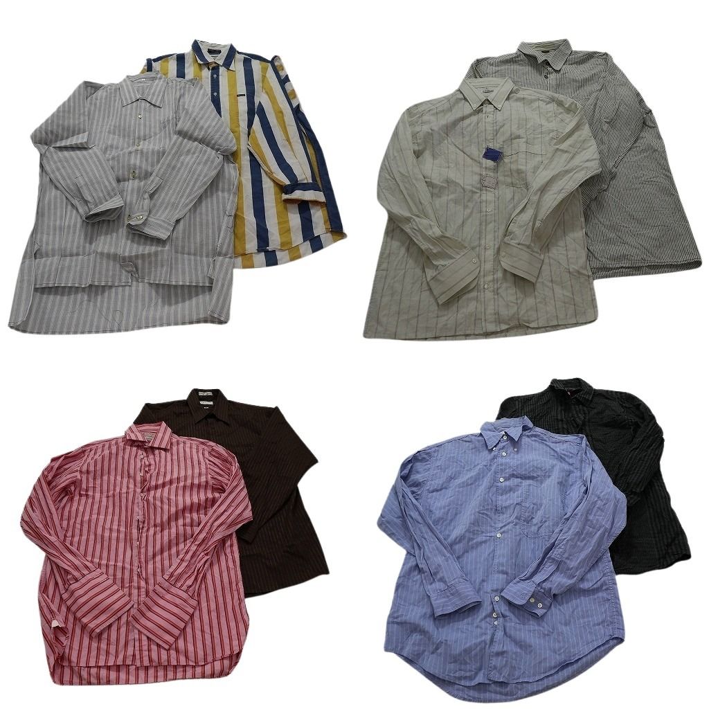 古着卸 まとめ売り ストライプ柄 長袖シャツ 8枚セット (メンズ M /L ) ボックスシルエット デッドストック ブラック 中古 古着 MX8172