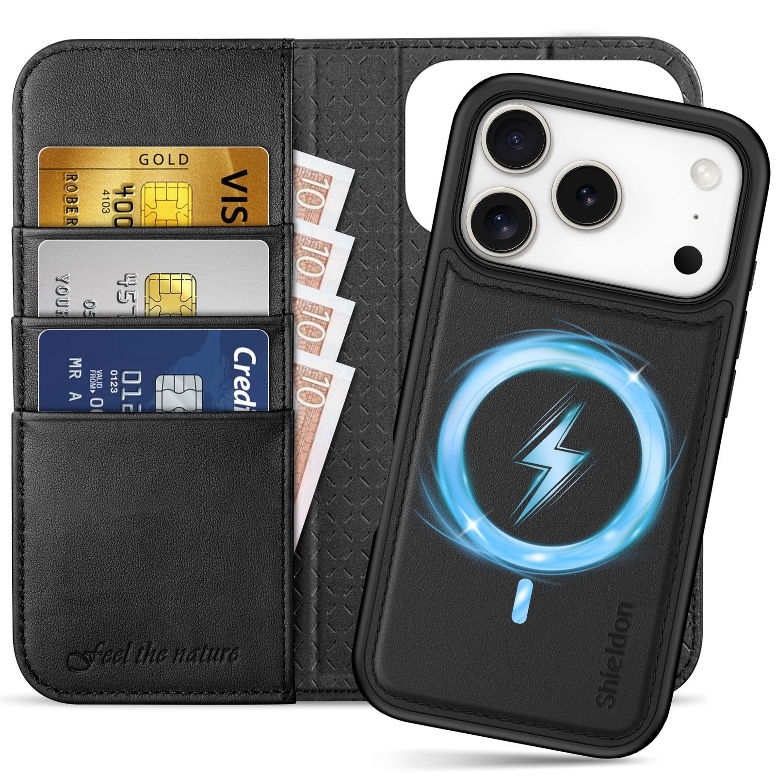 新品 SHIELDON iPhone 17Pro 対応 手帳型ケース 2in1分離式 本革レザー 6.3インチ 5G カード収納 [RFIDブロッキング] 取り外し自由 カバー単体ワイヤレス充電可 横置きスタンド機能 ストラップ穴付き 衝撃吸収 アイホン17プ