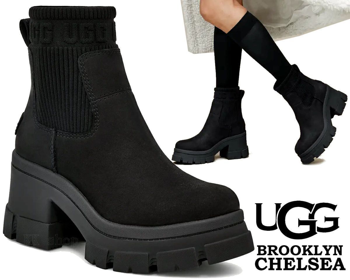 （新品）UGG ブラックレザー　サイドゴア　ブーツ　靴　　レディース UGG サイドゴアブーツ ブラック 高ヒール レザー サイドゴアブーツ