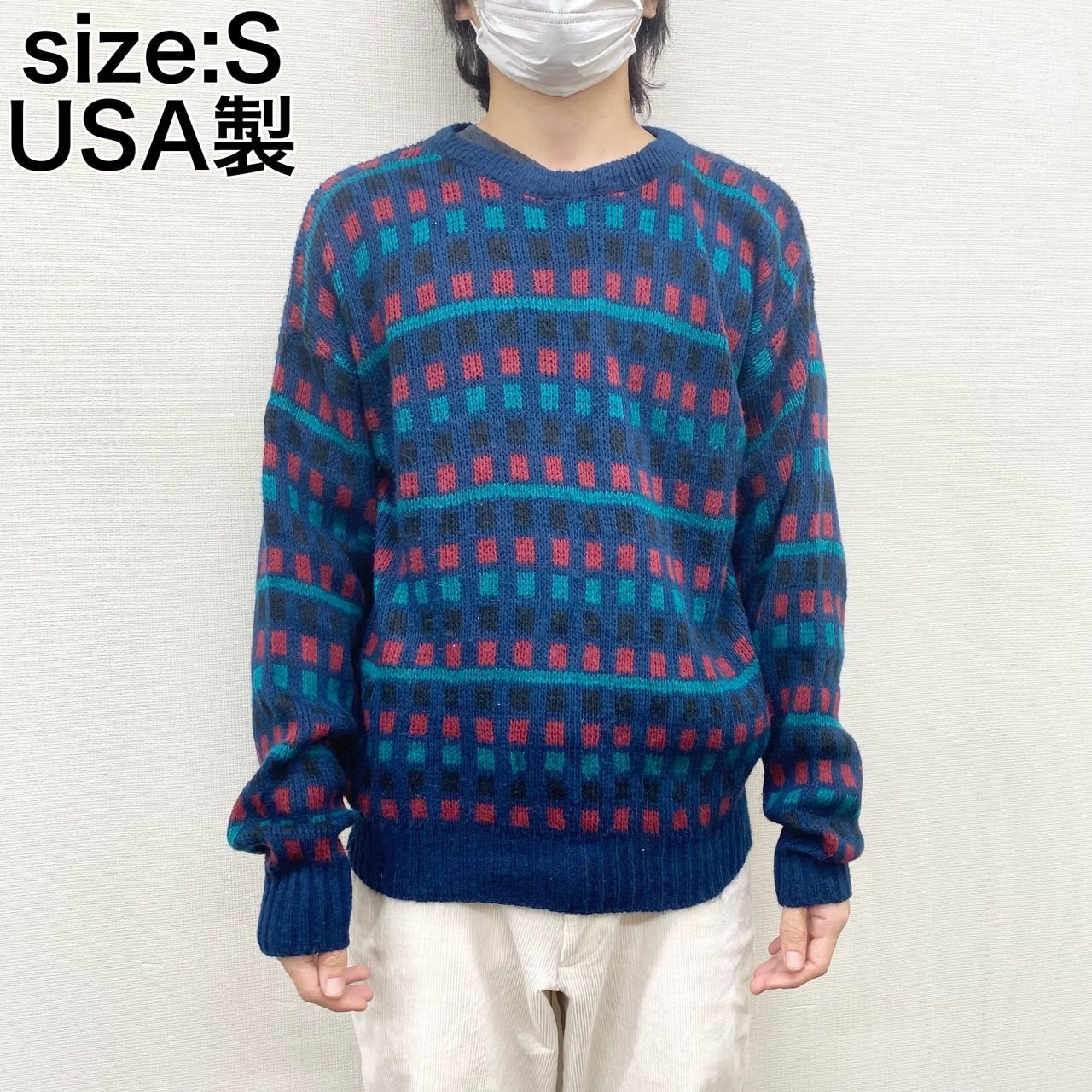 SCANDIA 総柄 アクリル ニット セーター USA製 S 紺×黒×赤×緑 - メルカリ
