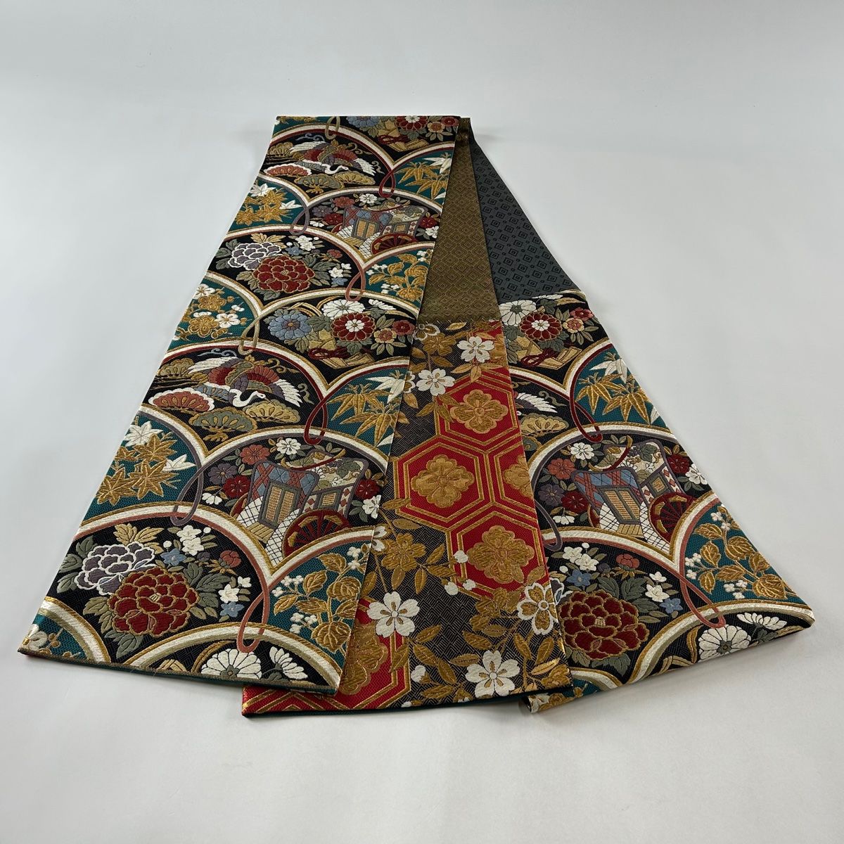 袋帯 美品 秀品 枝花 鶴 箔 灰緑 六通 正絹 中古