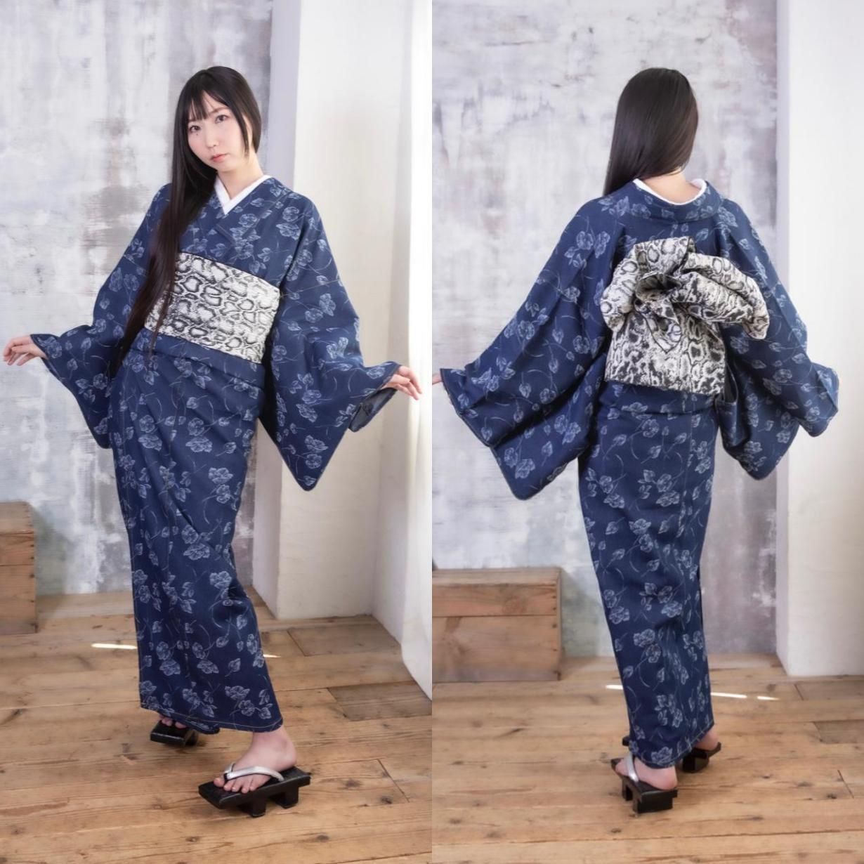 デニム着物 小紋 花柄 単衣 織柄 - メルカリ