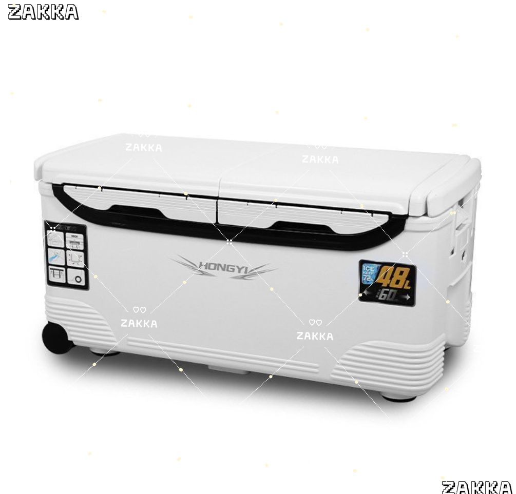 釣り用クーラーボックス 大容量 大型48L 座れる頑丈マッスルボディ 防水 サイドハンドル キャスター付 釣り 保冷力150h 水栓付き 白-黒