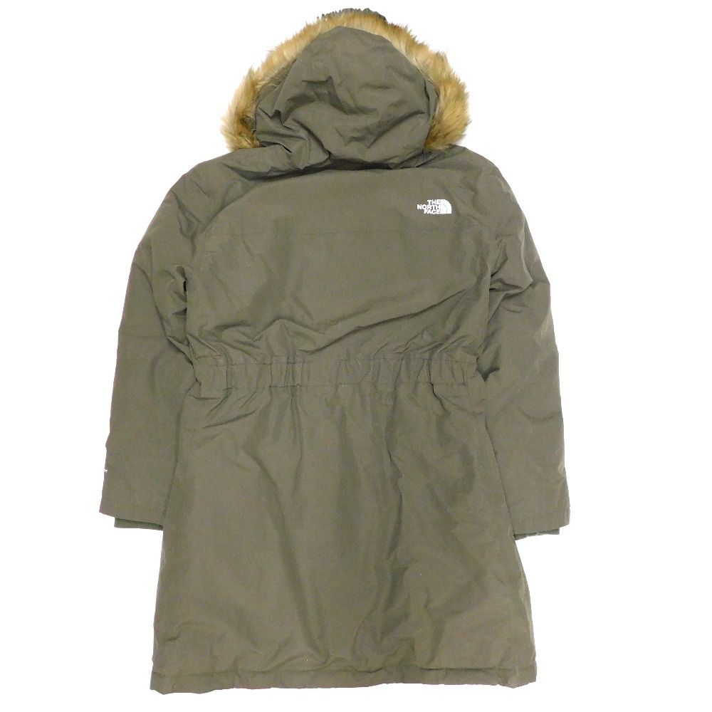 【ノースフェイス】ロングダウンコート　カーキー　肩ロゴ　フェイクファー　A７ ノースフェイス】ロングダウンコート カーキー 肩ロゴ フェイクファー