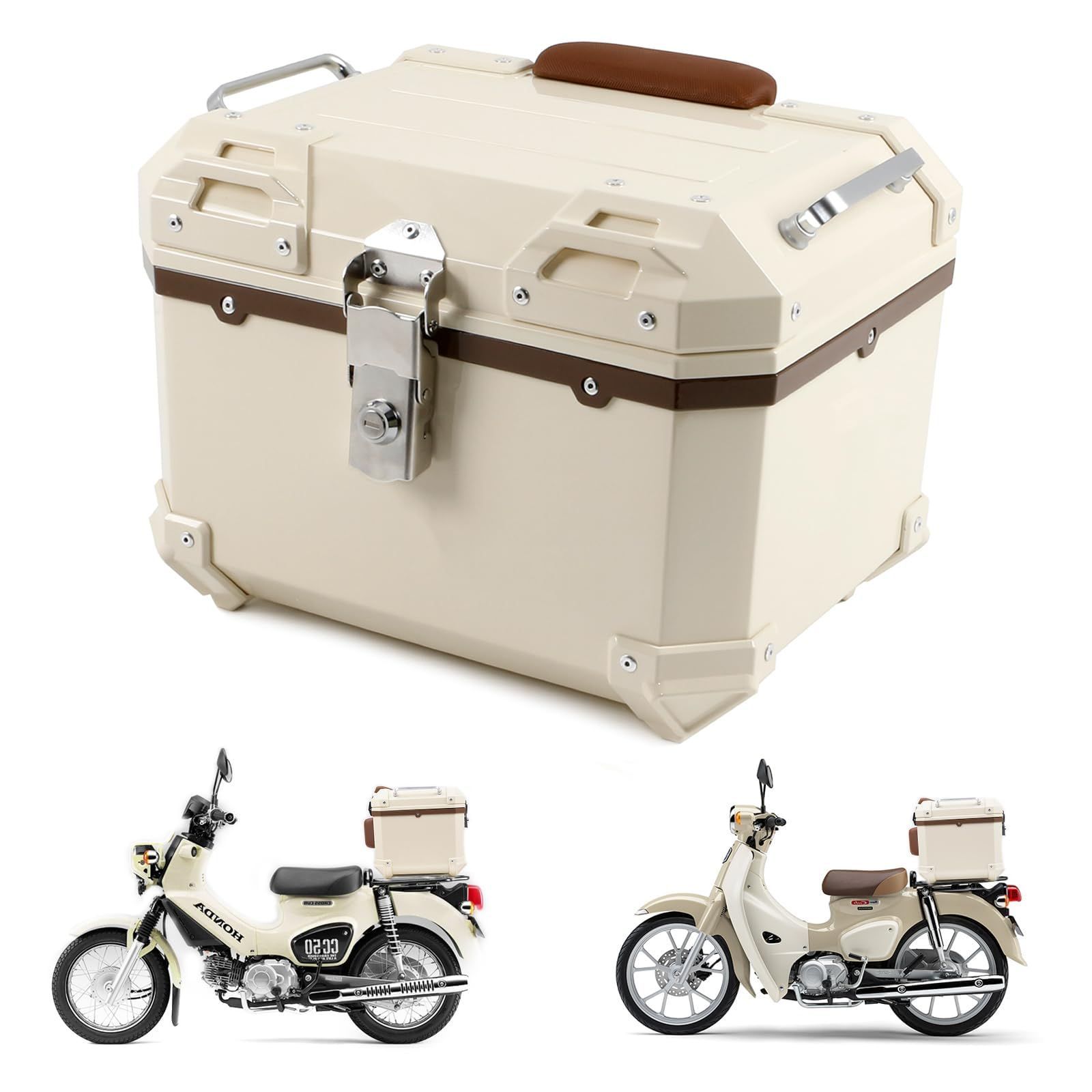 HI-LINE バイク リアボックス 45L トップケース 汎用 ABS製 キーロック付き 防水 防塵 大容量 取付ベース付 バックレスト付き バイクボックス トップボックス 原付|スクーター|カブ対応 簡単取付 ベージュ 45L
