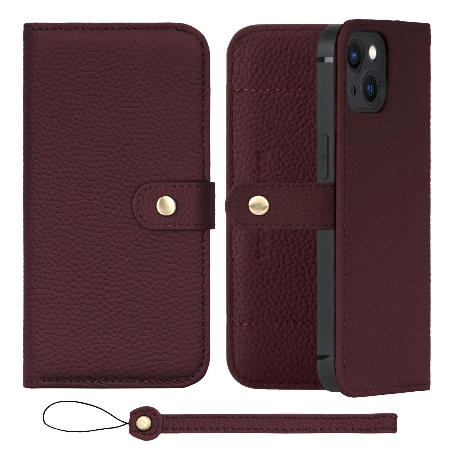 【数量限定】ストラップ スタンド 付き スマホ シュリンクカーフレザー スマホケース ギフト 本革 ベルトあり 手帳型 マグネットなし ケース ワイン iPhone14 H1SPB-14-Wine HANATORA