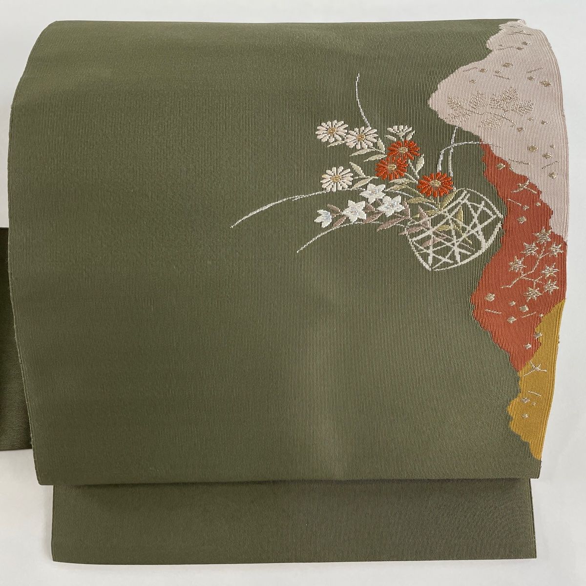 名古屋帯 美品 秀品 紬地 草花 茶緑色 正絹 【中古】（名古屋帯 美品 
