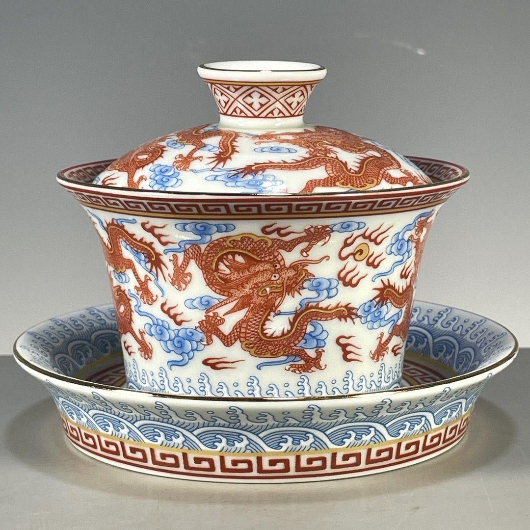 景徳鎮 青花釉里紅三才蓋碗 茶碗 煎茶器 未使用品 中国茶器 景徳鎮 青花釉里紅竜紋三才蓋碗 茶杯 新品未使用