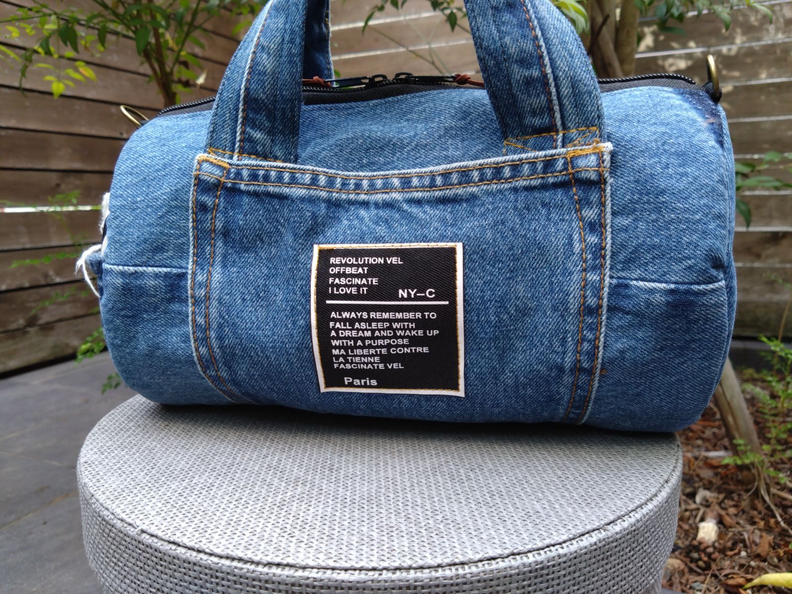 №768【DENIM❌️ドラム缶型ボストンバッグ♥】デニムリメイク