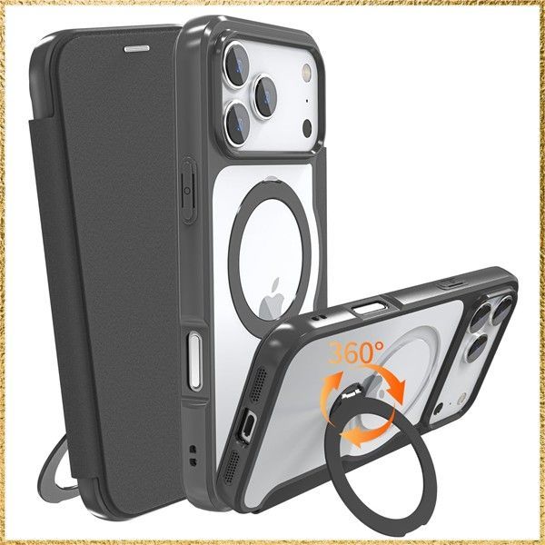 彡送料無料でお届け彡Size:6.3インチ(iPhone 17pro)_Color:ブラック IIKAYO iPhone 17 Pro 用 ケース 手帳型 カード収納 背面クリア MagSafe対応 リング付き 360回転スタンド 軽い 薄型 耐衝撃 全