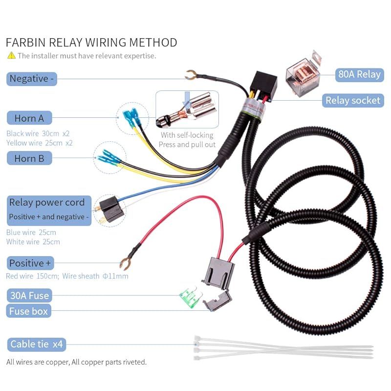 FARBINコンパクトホーン12 V自動車ホーン双音防水自動車ホーン電動カタツムリホーンセット、リレーハーネス付き、任意の12 V車両に適用 (12V, コンパクトなホーン+リレーハーネス+ボタンスイッチ) 0